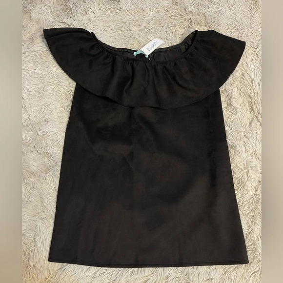 NWT Karlie mini dress faux‎ suede off shoulder black ruffle small - Picture 2 of 8